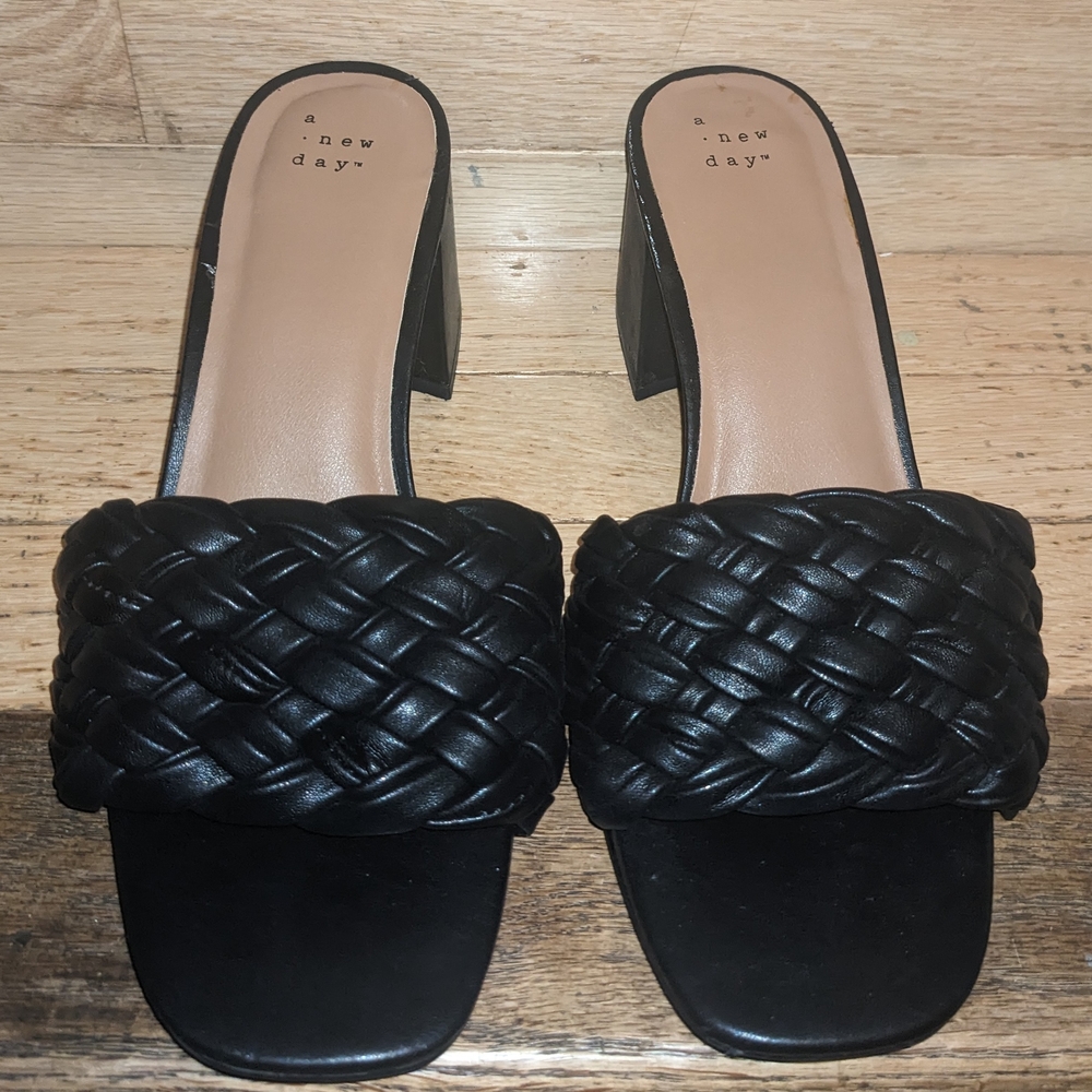 A New Day Black Braided Block Heel Slide Sandals